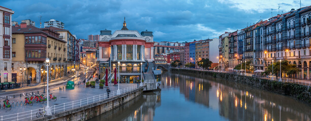 Panoramic View of beautiful Bilbao with the Erribera Market Hall and Nervion River