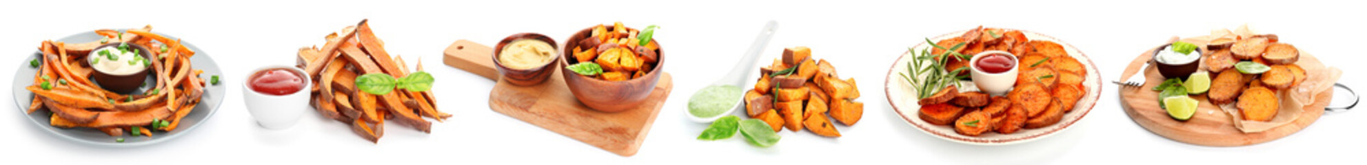 Group of tasty prepared sweet potatoes with spices and sauces on white background
