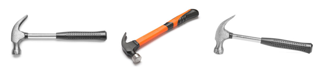 Obraz premium Collage of modern hammers on white background