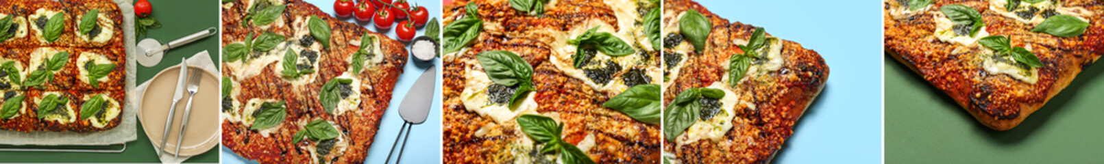 Collage of delicious Italian pie on color background