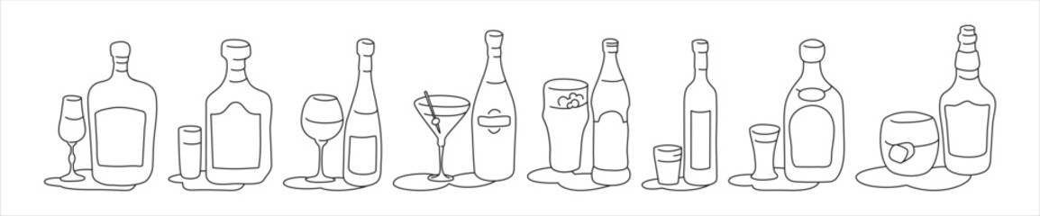 Liquor rum wine martini beer vodka tequila whiskey bottle and glass outline icon on white background. Black white cartoon sketch graphic design. Doodle style. Hand drawn image. Party drinks