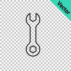 Black line Wrench spanner icon isolated on transparent background. Spanner repair tool. Service tool symbol. Vector