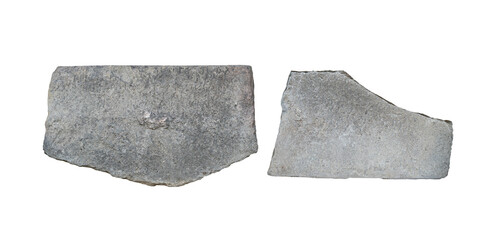 empty antique large square plaques of stone with irregular edges and carved texture isolated on white background