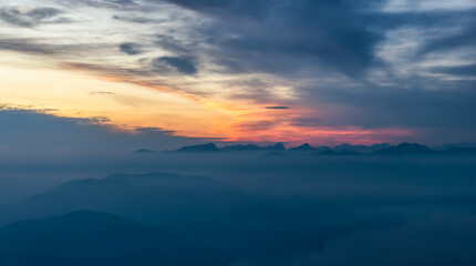 Canadian Mountain Landscape on the West Coast of Pacific Ocean. Dramatic Sunset and Hazy Smoky Sky. St. Mark's Summit near Vancouver, British Columbia, Canada. Nature Background
