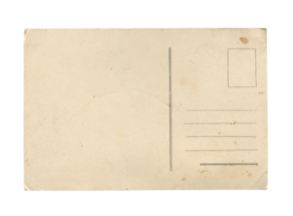 old vintage aged empty paper postcard texture with faded stamp print and brown stains isolated on white