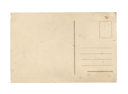 old vintage aged empty paper postcard texture with faded stamp print and brown stains isolated on white - Powered by Adobe