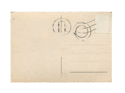 old vintage aged empty paper postcard texture with faded stamp print and brown stains isolated on white