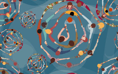 Backdrop seamless pattern with group of diverse people in a circle from different cultures holding hands. Community men and women of friends or volunteers. Top view. Racial equality.Team