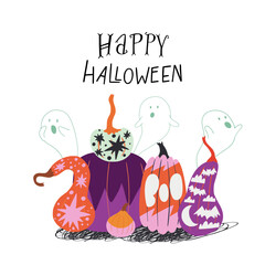 Hand drawn illustration of group of painted pumpkins, ghosts flying out of them and hand lettering inscription Happy Halloween. Holiday greeting card design, print, poster, invitation or decoration.