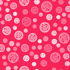 White line Pizza icon isolated seamless pattern on red background. Fast food menu. Vector