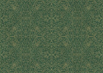 Hand-drawn unique abstract symmetrical seamless gold ornament of golden glitter on a warm green background. Paper texture. Digital artwork, A4. (pattern: p07-2b)