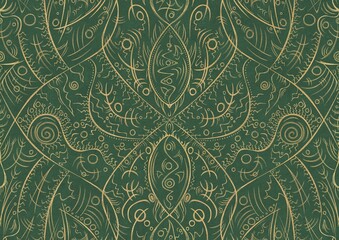Hand-drawn unique abstract symmetrical seamless gold ornament of golden glitter on a warm green background. Paper texture. Digital artwork, A4. (pattern: p08-2a)