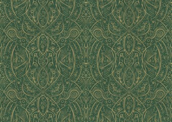 Hand-drawn unique abstract symmetrical seamless gold ornament of golden glitter on a warm green background. Paper texture. Digital artwork, A4. (pattern: p08-2b)