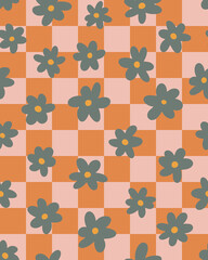 Naive, kid core simple flowers with check background all over surface print. Random placed, vector florals on grid seamless repeat pattern.