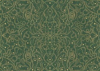 Hand-drawn unique abstract symmetrical seamless gold ornament and splatters of golden glitter on a warm green background. Paper texture. Digital artwork, A4. (pattern: p07-2a)