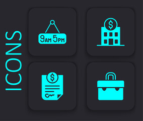 Set Briefcase, From 9 to 5 job, Bank building and Contract money icon. Black square button. Vector