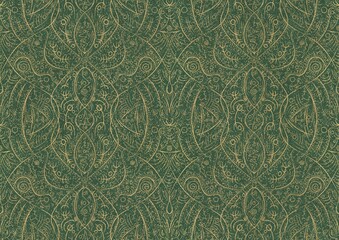 Hand-drawn unique abstract symmetrical seamless gold ornament and splatters of golden glitter on a warm green background. Paper texture. Digital artwork, A4. (pattern: p08-2b)