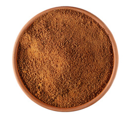 Coconut palm sugar pile in clay pot isolated on white, top view