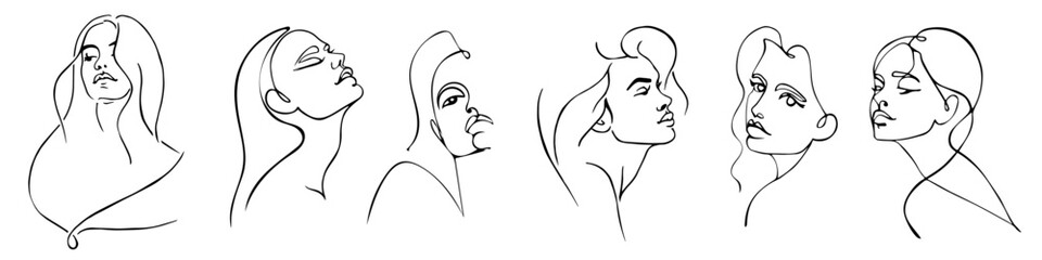 Collection of line portraits of beautiful young women.Vector graphics.