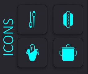 Set Cooking pot, Food chopsticks, Hotdog and Corn icon. Black square button. Vector