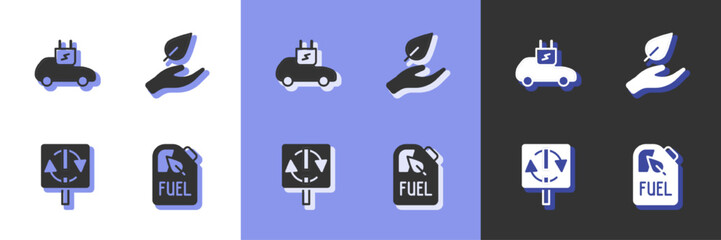 Set Bio fuel canister, Electric car, Recycle symbol and Leaf in hand icon. Vector