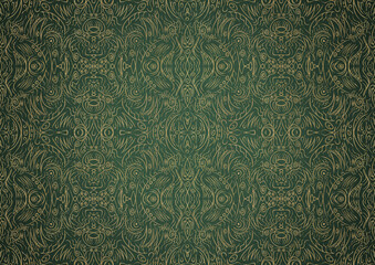 Hand-drawn unique abstract gold ornament on a green warm background, with vignette of darker background color. Paper texture. Digital artwork, A4. (pattern: p03b)