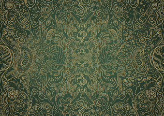 Hand-drawn unique abstract gold ornament on a green warm background, with vignette of darker background color. Paper texture. Digital artwork, A4. (pattern: p04a)