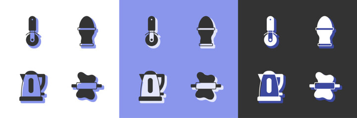 Set Rolling pin on dough, Pizza knife, Electric kettle and Chicken egg stand icon. Vector