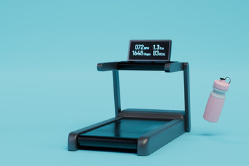 daily cardio training. treadmill and shaker for water or protein shake on a blue background. 3D render