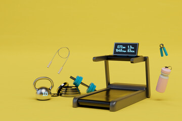 active lifestyle with sports. treadmill and sports equipment on a yellow background. 3D render