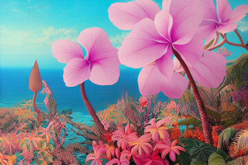 tropical island flower paradise, background, digital illustration