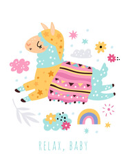 Cute llama card. Funny alpaca jumping with clouds and rainbow. Motivational inscription. Peru animal relaxing in sky. Happy little lama. Floral elements. Vector cartoon childish poster