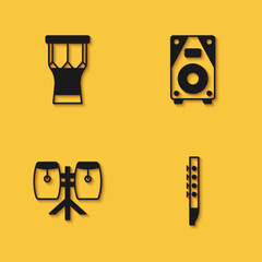 Set African percussion drum, Flute, Conga drums and Stereo speaker icon with long shadow. Vector