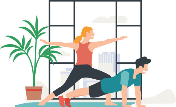 Couple daily routine. Everyday activity. Guy and girl living together. Family do sport exercises at home. Active training. People practice yoga. Apartment workout. Vector illustration
