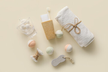 Set of bath accessories on light background