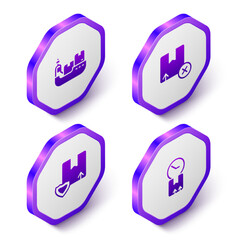 Set Isometric Cargo ship with boxes delivery, Carton cardboard, Delivery security shield and Cardboard clock icon. Purple hexagon button. Vector