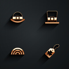 Set Leprechaun hat, Rainbow and Clover trefoil leaf with tag icon with long shadow. Vector