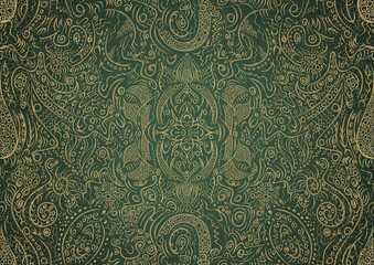 Hand-drawn unique abstract gold ornament on a green warm background, with vignette of darker background color and splatters of golden glitter. Paper texture. Digital artwork, A4. (pattern: p01a)