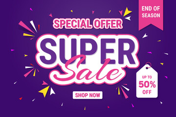 Super sale banner design for discount promotion, Up to 50% percentage off Sale. Discount offer price sign. Special offer symbol. Vector illustration of a discount tag badge