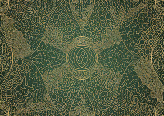Hand-drawn unique abstract gold ornament on a green warm background, with vignette of darker background color and splatters of golden glitter. Paper texture. Digital artwork, A4. (pattern: p05a)