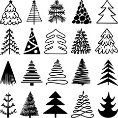 Obraz premium Sketch christmas tree isolated logo set. Hand drawn pencil holiday winter elements. Black fir trees draw rough paintbrush. Joy xmas neoteric vector icons