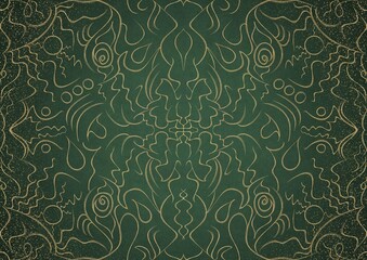 Hand-drawn unique abstract gold ornament on a green warm background, with vignette of darker background color and splatters of golden glitter. Paper texture. Digital artwork, A4. (pattern: p07-1a)