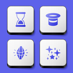 Set Old hourglass, Magic hat, stone and Magical glitter particles icon. White square button. Vector