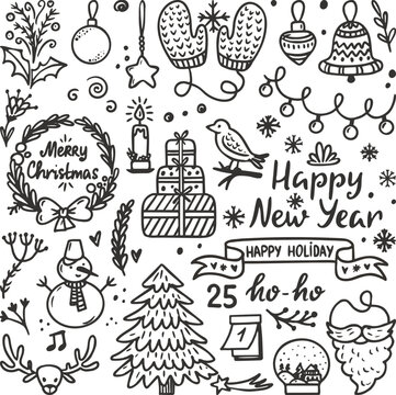 Doodle christmas isolated holiday elements. Holly xmas winter plants, present boxes and toys. Hand drawn decorations, art sketch neoteric vector clipart