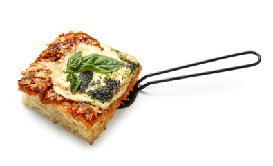 Spatula with piece of tasty Italian pie on white background