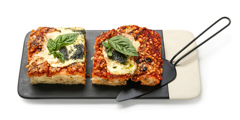 Board of tasty Italian pie with mozzarella and pesto sauce on white background