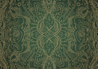 Hand-drawn unique abstract gold ornament on a green warm background, with vignette of darker background color and splatters of golden glitter. Paper texture. Digital artwork, A4. (pattern: p09a)