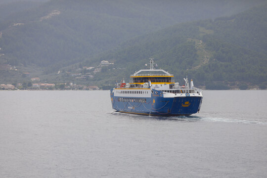 Ferryboat taking people and their cars from continental Greece to the island of Thassos in the Thracian Sea.
