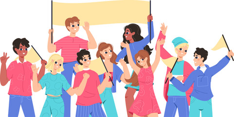 Obraz premium Happy support group young people. Teens team portrait, positive youth together. Fan club or demonstration students with flags and banner, snugly vector friends