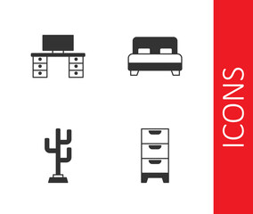 Set Chest of drawers, Office desk, Coat stand and Big bed icon. Vector